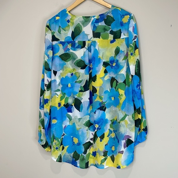 Suzy Shier Floral Chiffon Tunic Top Bright Blue Yellow Crossover Hi Low Hem M - Picture 8 of 13
